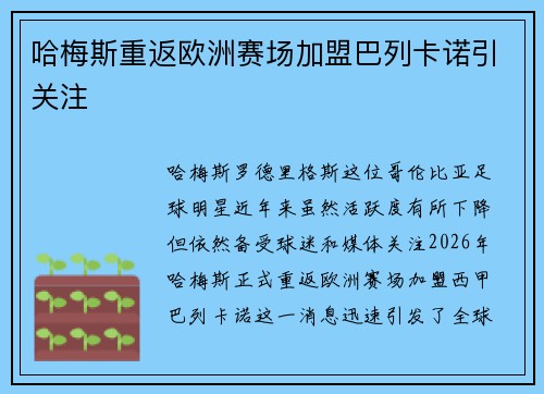 哈梅斯重返欧洲赛场加盟巴列卡诺引关注 哈梅斯重返欧洲赛场加盟巴列卡诺引关注
